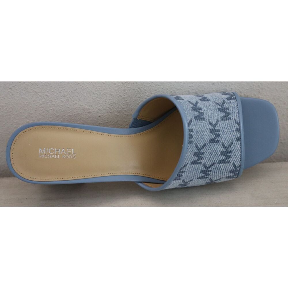 Michael Kors PV24K Women Sz 11M Blue Denim Logo Print Heeled Slides Sandals - Picture 6 of 10